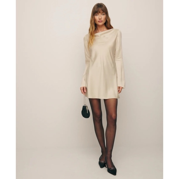 NWT Reformation Pike Satin Dress Mini Short Long Sleeve Almond Cream Medium - Picture 16 of 16
